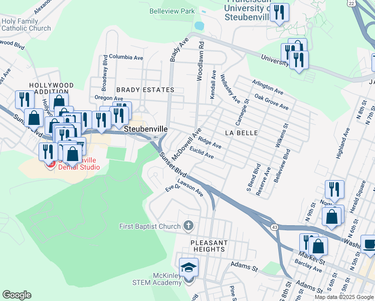 map of restaurants, bars, coffee shops, grocery stores, and more near 118 McDowell Avenue in Steubenville