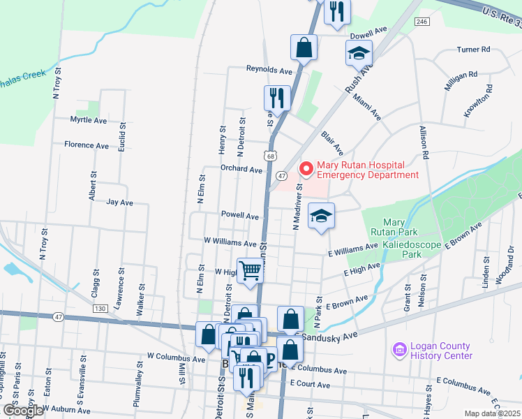 map of restaurants, bars, coffee shops, grocery stores, and more near 121-211 Powell Ave in Bellefontaine