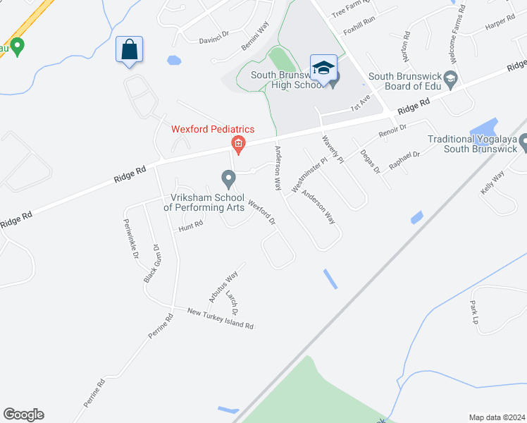 map of restaurants, bars, coffee shops, grocery stores, and more near 24 Wexford Drive in South Brunswick Township
