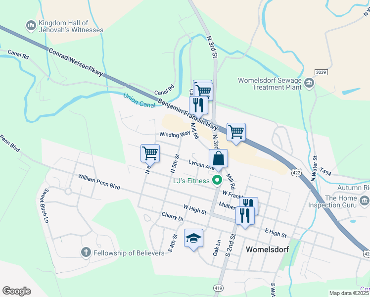 map of restaurants, bars, coffee shops, grocery stores, and more near 471 Lyman Avenue in Womelsdorf