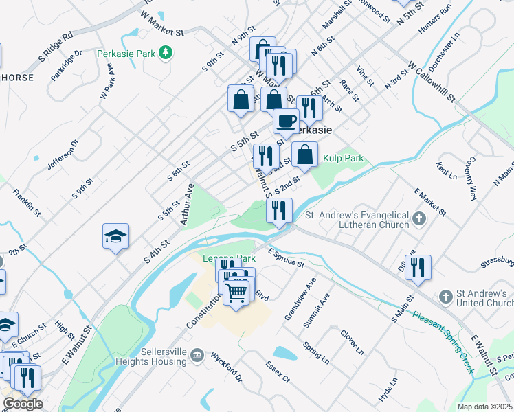 map of restaurants, bars, coffee shops, grocery stores, and more near 200 West Walnut Street in Perkasie