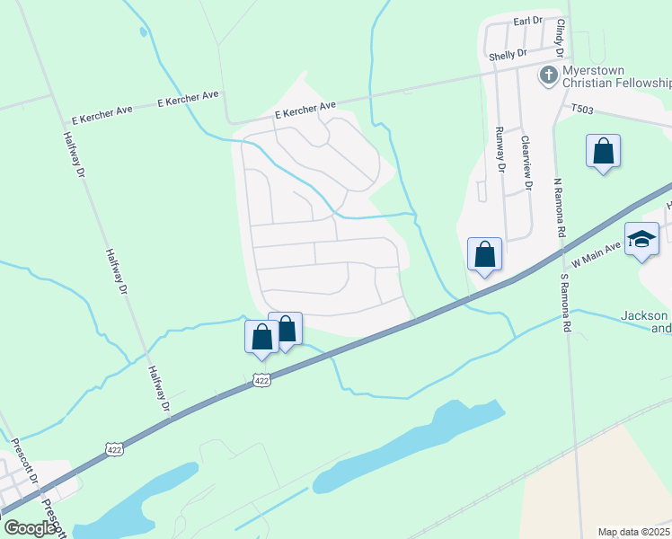 map of restaurants, bars, coffee shops, grocery stores, and more near 23 Greenbriar Drive in Myerstown