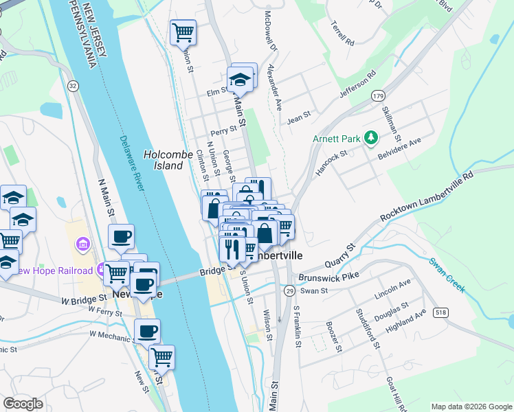 map of restaurants, bars, coffee shops, grocery stores, and more near 54 George Street in Lambertville