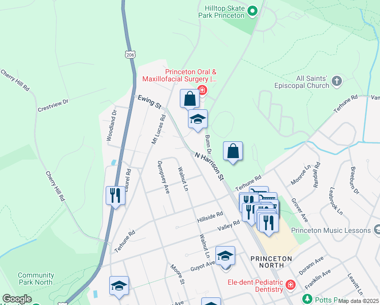 map of restaurants, bars, coffee shops, grocery stores, and more near 575 Ewing Street in Princeton