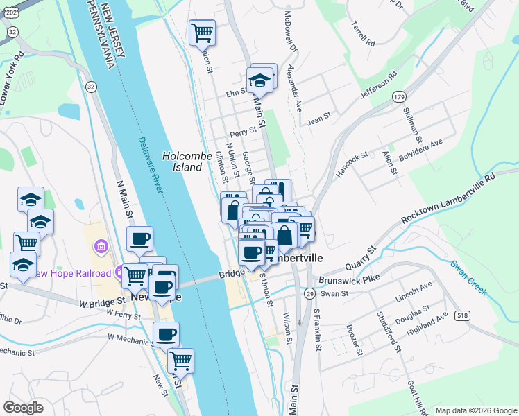 map of restaurants, bars, coffee shops, grocery stores, and more near York Street & George Street in Lambertville
