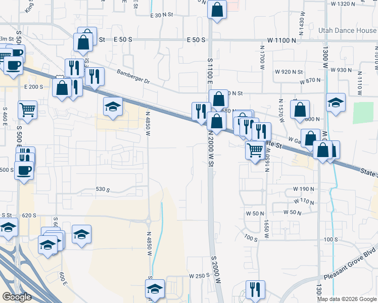 map of restaurants, bars, coffee shops, grocery stores, and more near 424 South 1040 East in American Fork