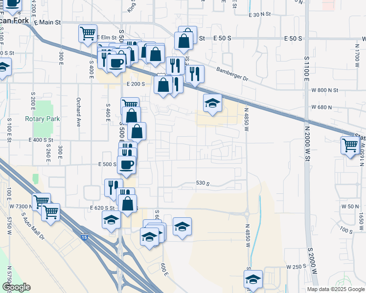 map of restaurants, bars, coffee shops, grocery stores, and more near 449 South 680 East in American Fork