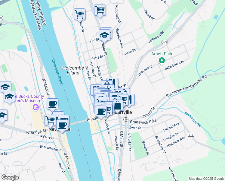 map of restaurants, bars, coffee shops, grocery stores, and more near 78 Coryell Street in Lambertville