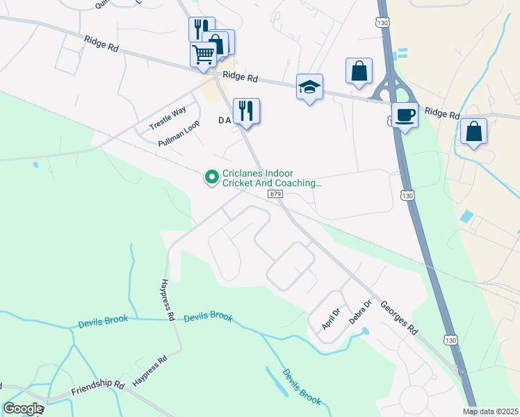 map of restaurants, bars, coffee shops, grocery stores, and more near 29 Liberty Drive in South Brunswick Township