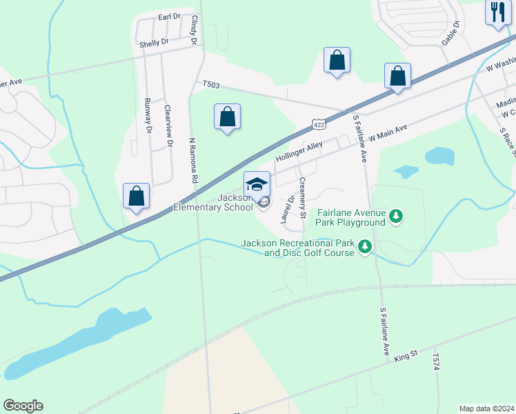map of restaurants, bars, coffee shops, grocery stores, and more near 558 West Main Avenue in Myerstown