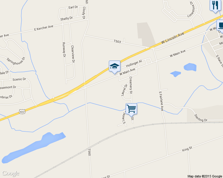 map of restaurants, bars, coffee shops, grocery stores, and more near 558 West Main Avenue in Myerstown