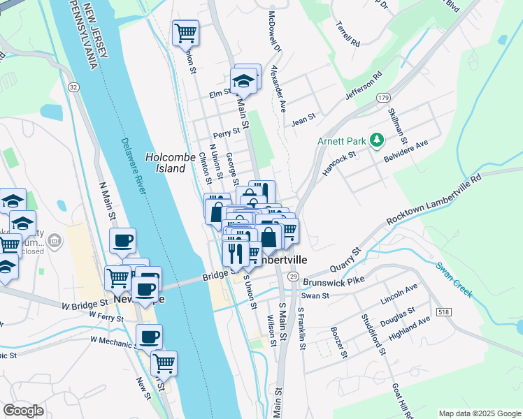 map of restaurants, bars, coffee shops, grocery stores, and more near 71 North Main Street in Lambertville