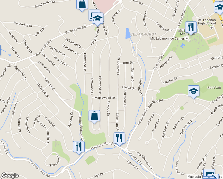 map of restaurants, bars, coffee shops, grocery stores, and more near 1242 Lakemont Drive in Pittsburgh