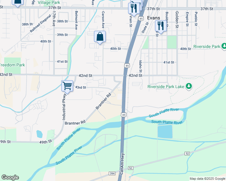 map of restaurants, bars, coffee shops, grocery stores, and more near 43rd Street in Evans