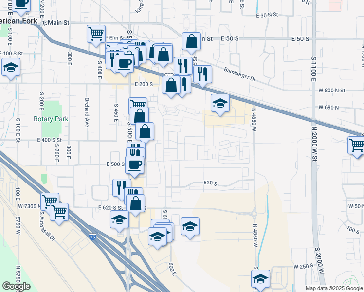 map of restaurants, bars, coffee shops, grocery stores, and more near 643 East 460 in American Fork