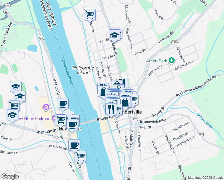 map of restaurants, bars, coffee shops, grocery stores, and more near 54 George Street in Lambertville