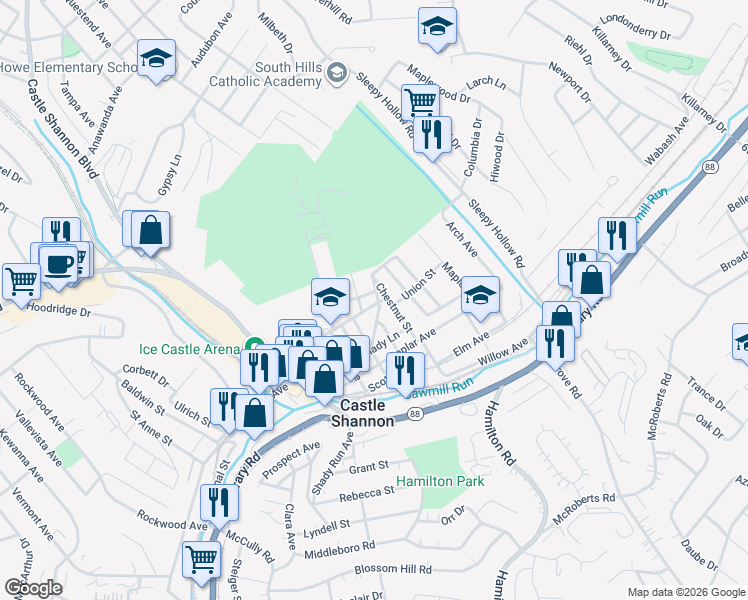 map of restaurants, bars, coffee shops, grocery stores, and more near 3673 Myrtle Avenue in Pittsburgh