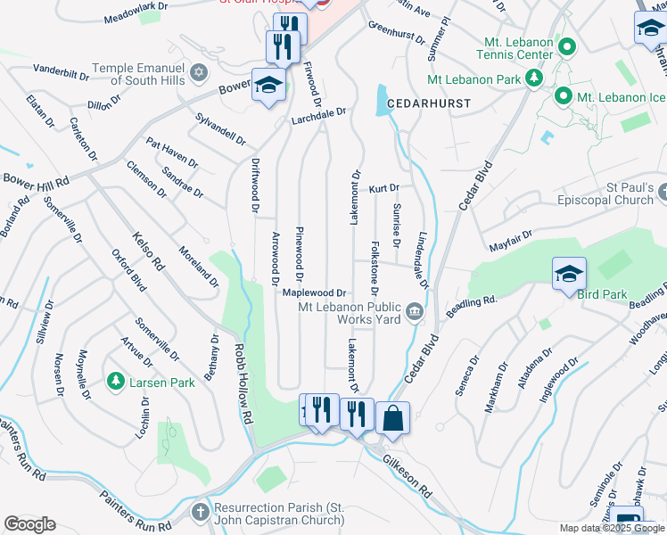 map of restaurants, bars, coffee shops, grocery stores, and more near 1242 Lakemont Drive in Pittsburgh