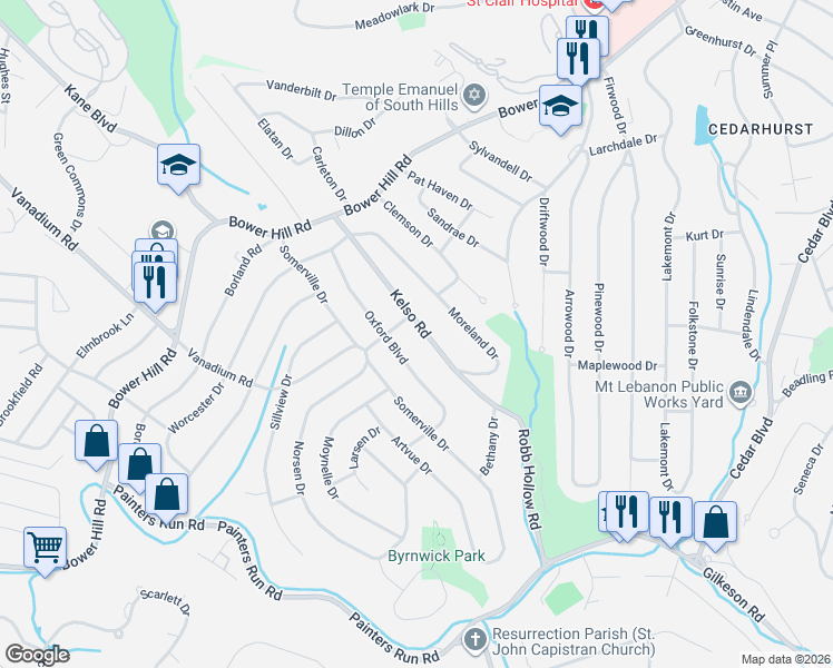 map of restaurants, bars, coffee shops, grocery stores, and more near 626 Kelso Road in Pittsburgh