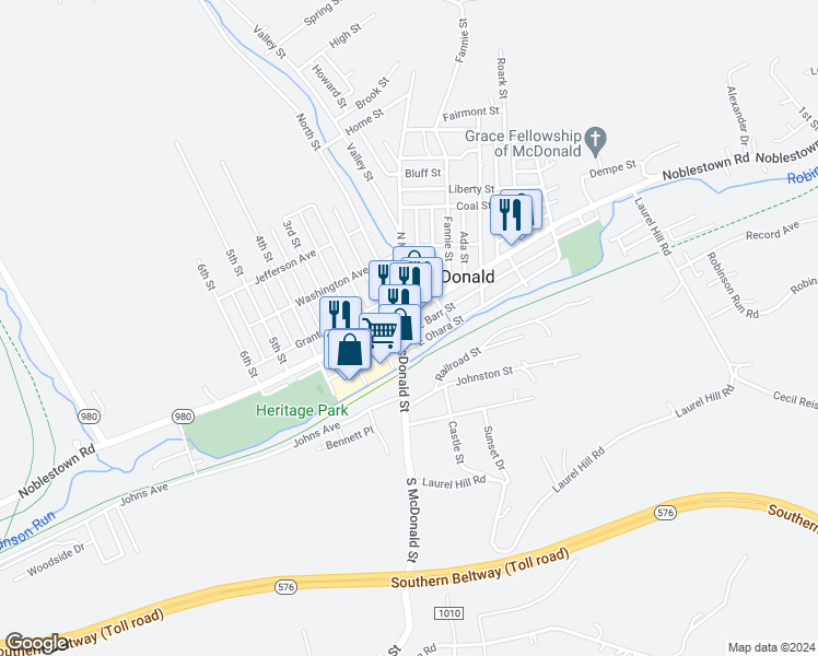 map of restaurants, bars, coffee shops, grocery stores, and more near 120 South McDonald Street in McDonald