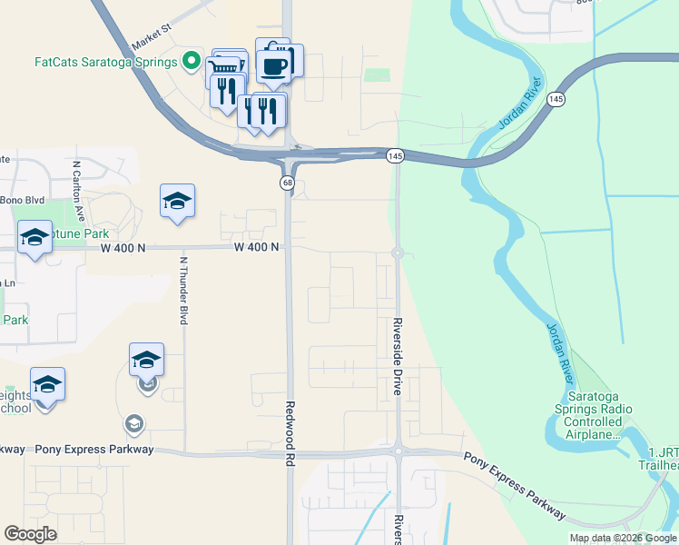 map of restaurants, bars, coffee shops, grocery stores, and more near 7916-8536 N Redwood Rd in Saratoga Springs