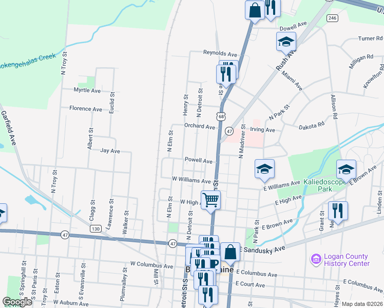 map of restaurants, bars, coffee shops, grocery stores, and more near 213 Powell Avenue in Bellefontaine
