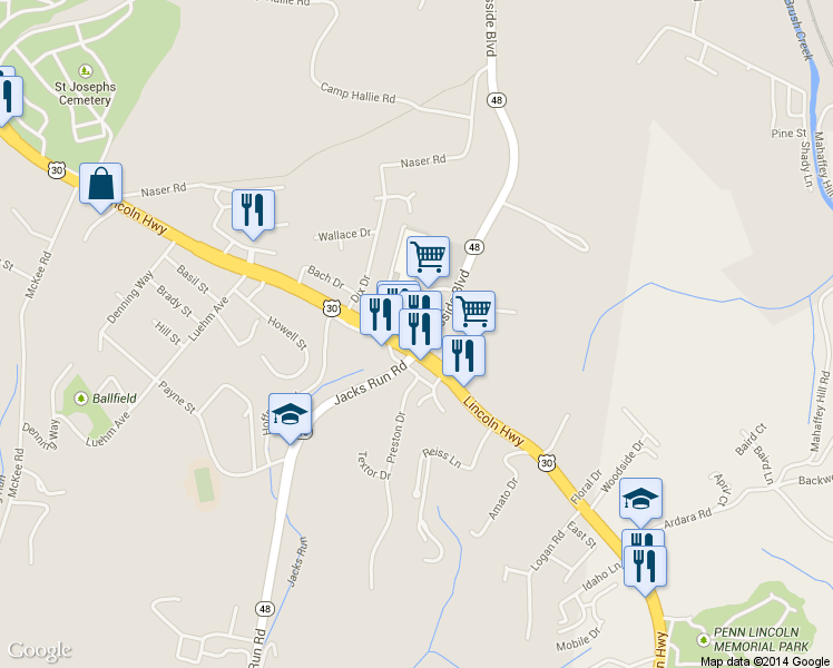 map of restaurants, bars, coffee shops, grocery stores, and more near 1829 Lincoln Hwy in North Versailles