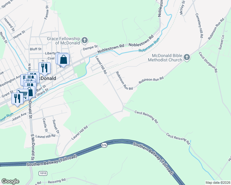 map of restaurants, bars, coffee shops, grocery stores, and more near 1243 Laurel Hill Road in McDonald