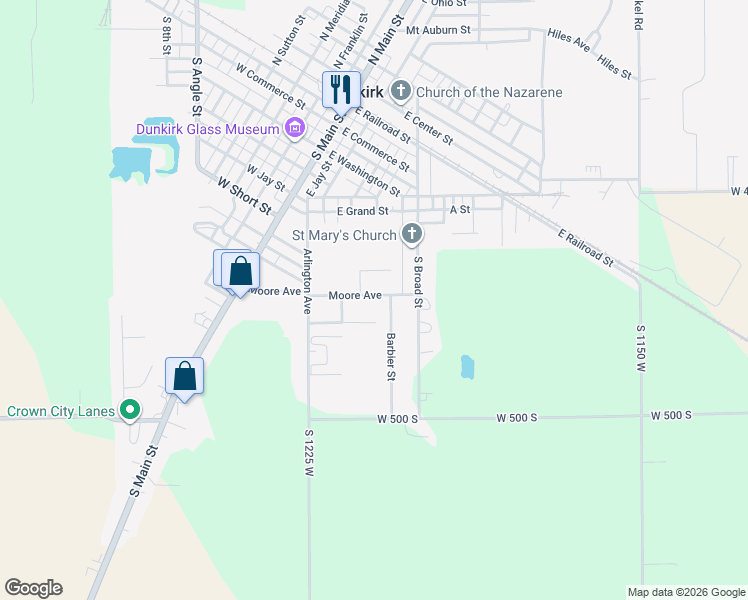 map of restaurants, bars, coffee shops, grocery stores, and more near 300-398 E Walnut Ave in Dunkirk