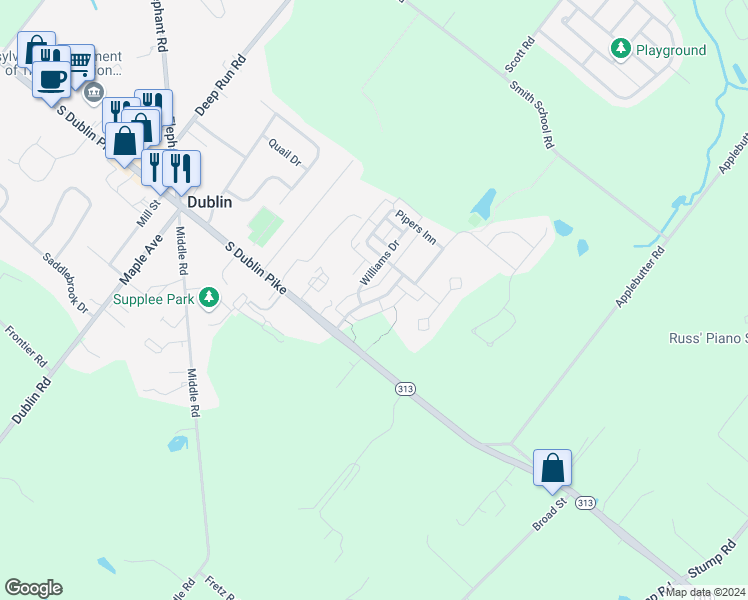 map of restaurants, bars, coffee shops, grocery stores, and more near Croft Drive in Fountainville