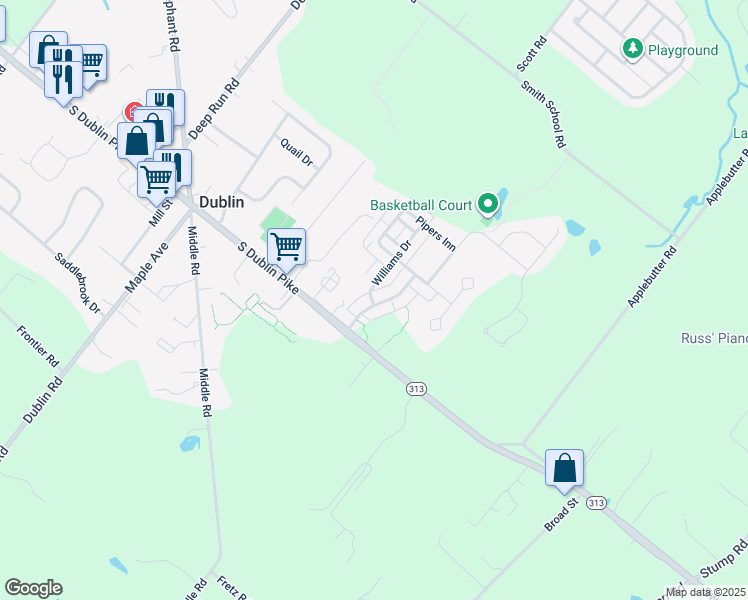 map of restaurants, bars, coffee shops, grocery stores, and more near 30 Croft Drive in Fountainville