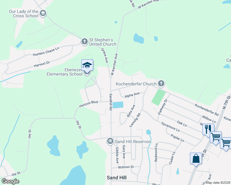 map of restaurants, bars, coffee shops, grocery stores, and more near 1552 Sandhill Road in Lebanon