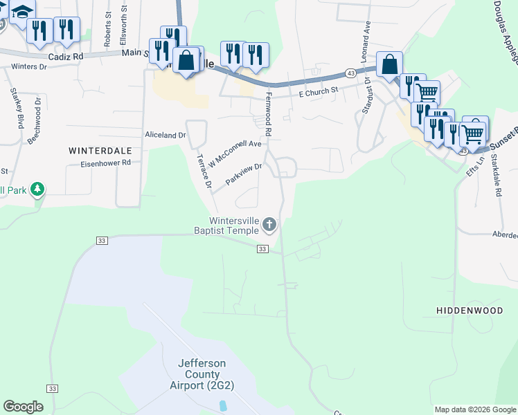 map of restaurants, bars, coffee shops, grocery stores, and more near 451 Fernwood Road in Steubenville