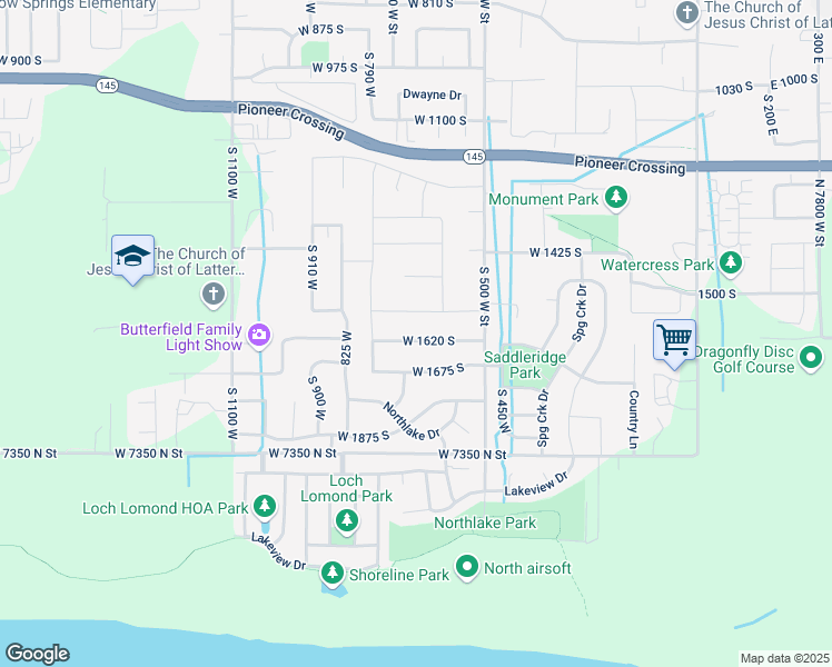map of restaurants, bars, coffee shops, grocery stores, and more near 642 West 1620 South in Lehi