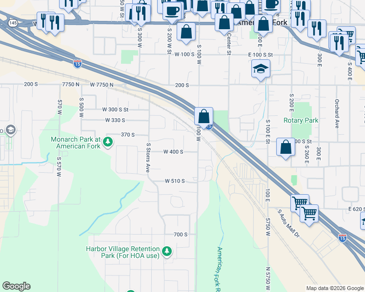 map of restaurants, bars, coffee shops, grocery stores, and more near 394 South Storrs Avenue in American Fork