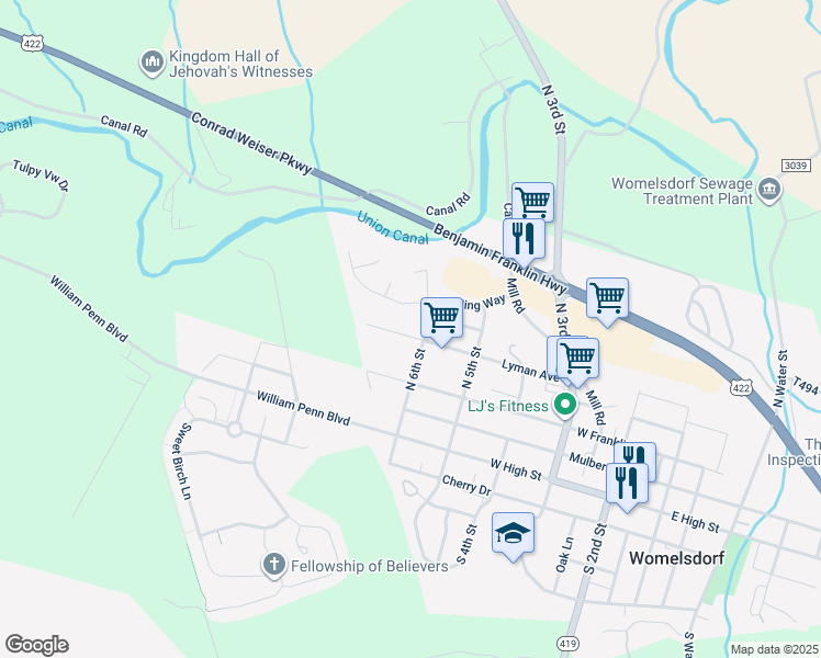 map of restaurants, bars, coffee shops, grocery stores, and more near 613 Lyman Avenue in Womelsdorf