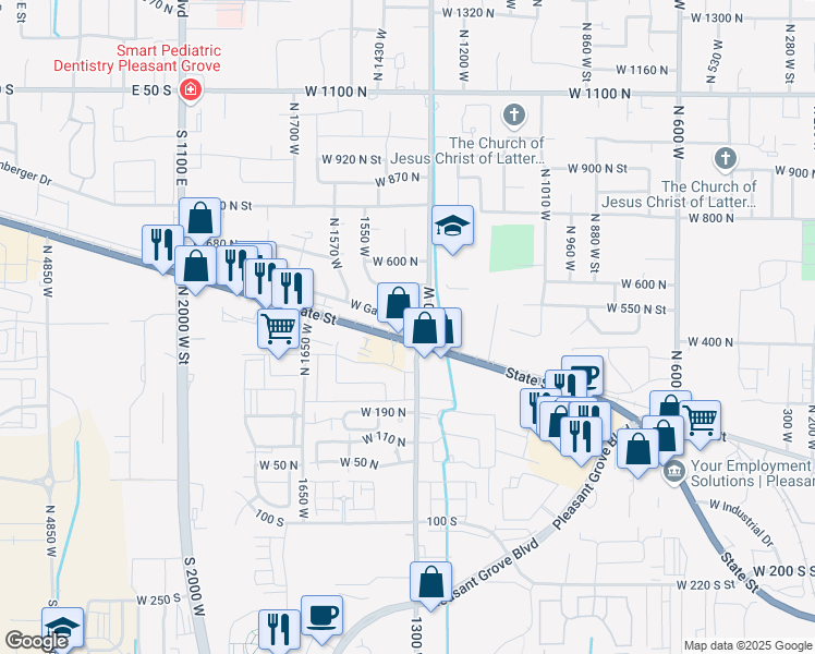 map of restaurants, bars, coffee shops, grocery stores, and more near in Pleasant Grove