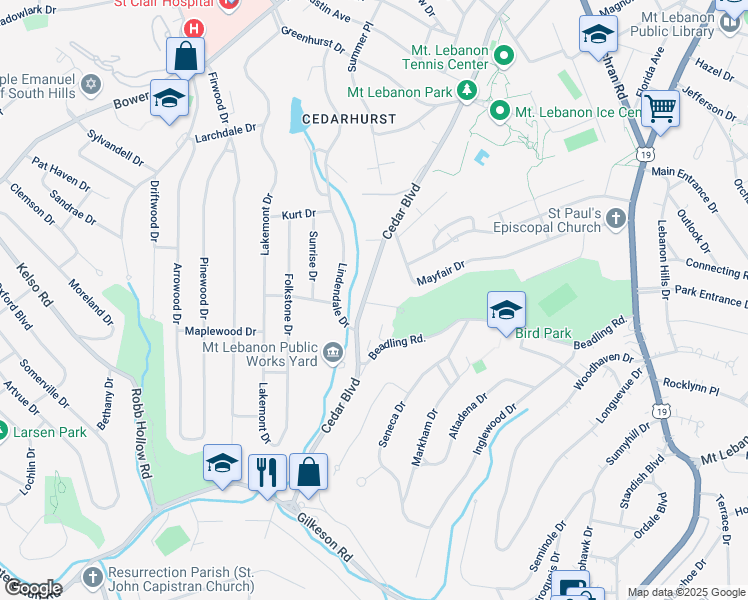 map of restaurants, bars, coffee shops, grocery stores, and more near 1183 Cedar Boulevard in Pittsburgh