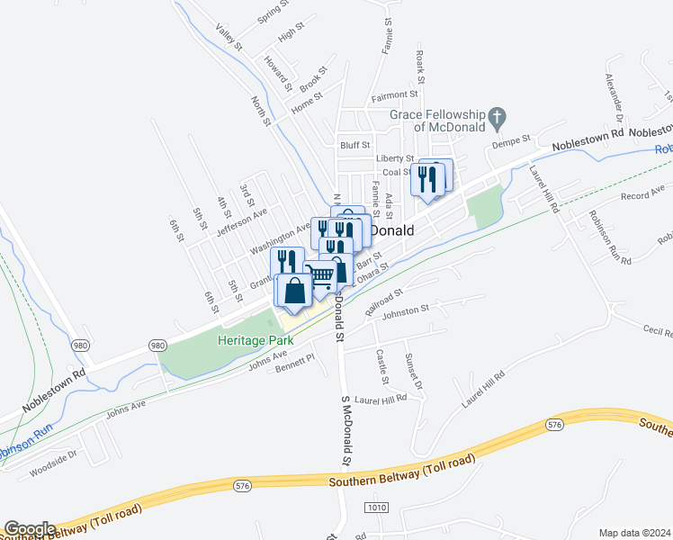 map of restaurants, bars, coffee shops, grocery stores, and more near 104 South McDonald Street in McDonald