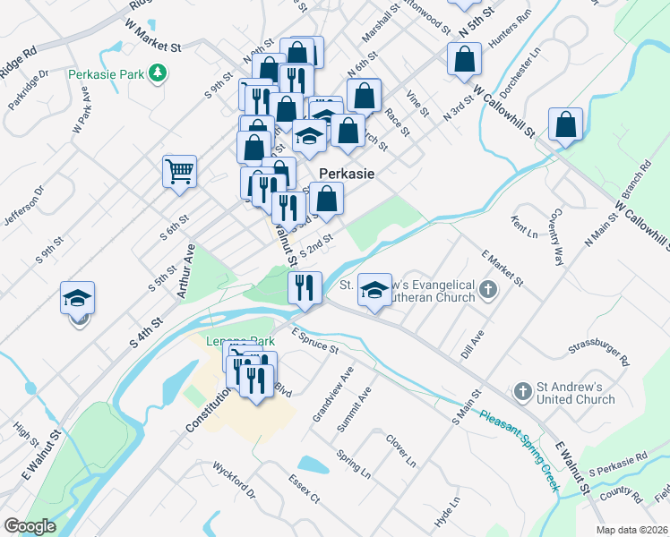 map of restaurants, bars, coffee shops, grocery stores, and more near 7 East Walnut Street in Perkasie