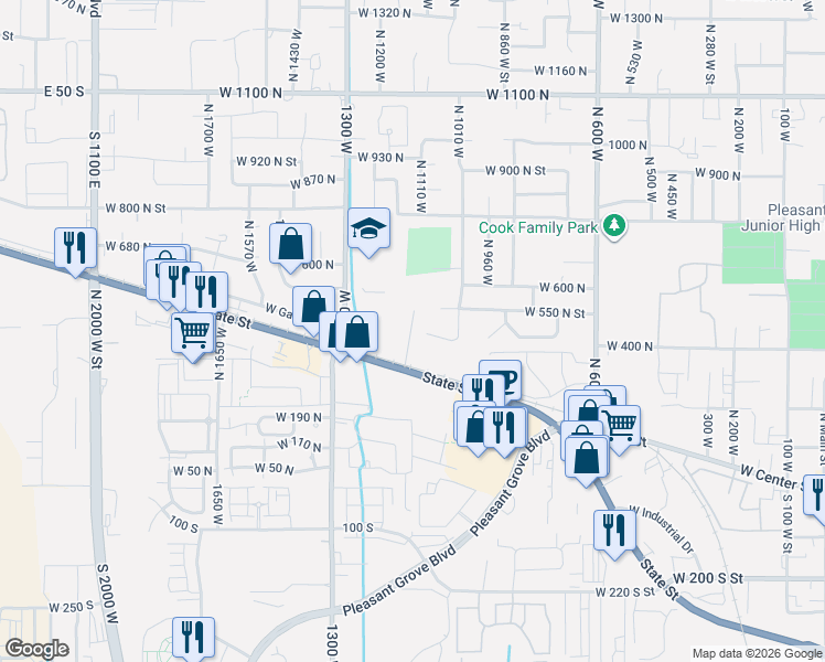 map of restaurants, bars, coffee shops, grocery stores, and more near 1199 West State Street in Pleasant Grove