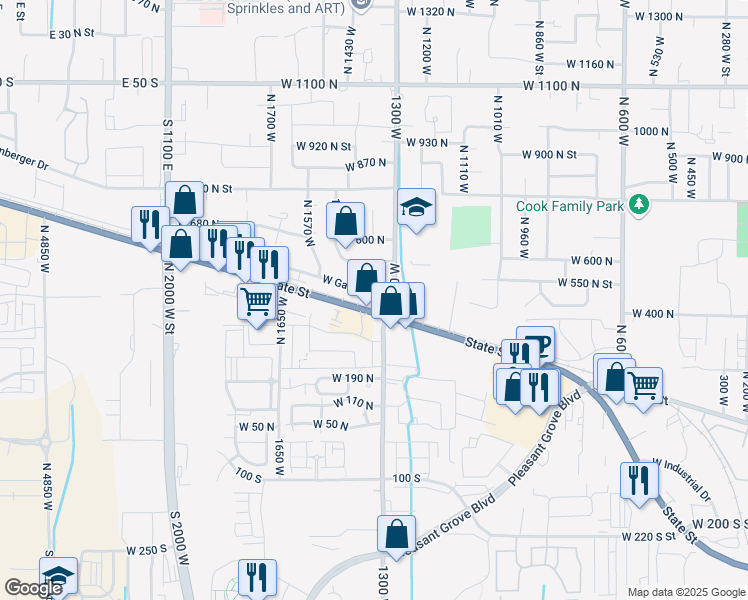 map of restaurants, bars, coffee shops, grocery stores, and more near 1406 West State Street in Pleasant Grove