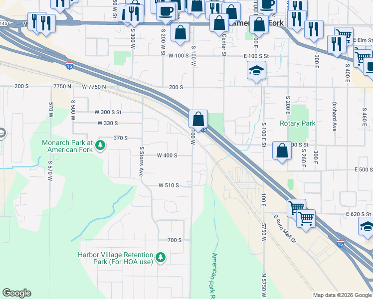 map of restaurants, bars, coffee shops, grocery stores, and more near 135 West 400 South in American Fork