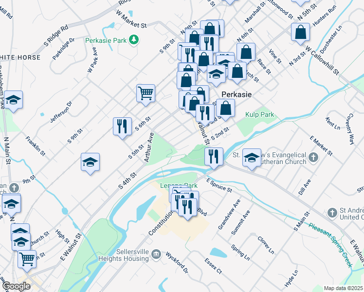 map of restaurants, bars, coffee shops, grocery stores, and more near 200 West Walnut Street in Perkasie