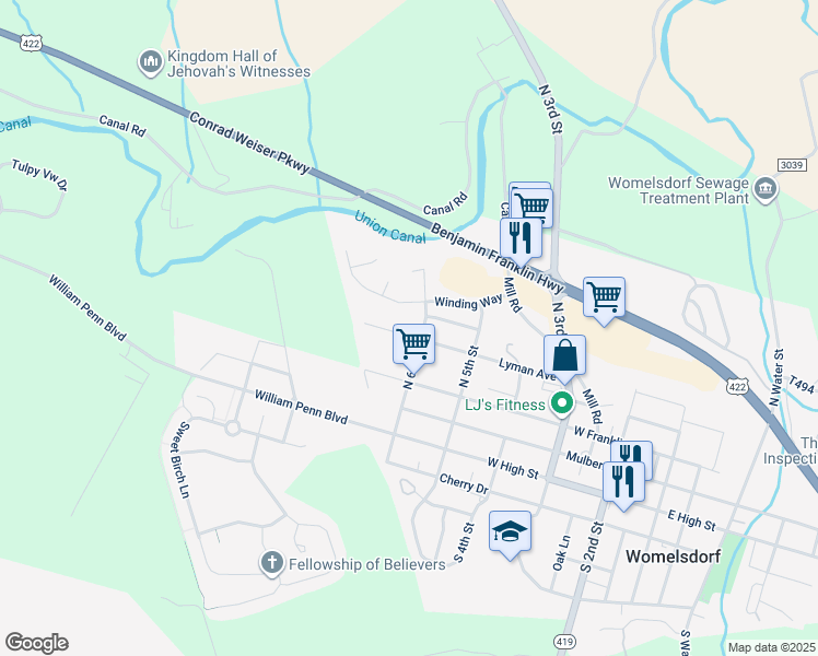 map of restaurants, bars, coffee shops, grocery stores, and more near 613 Lyman Avenue in Womelsdorf