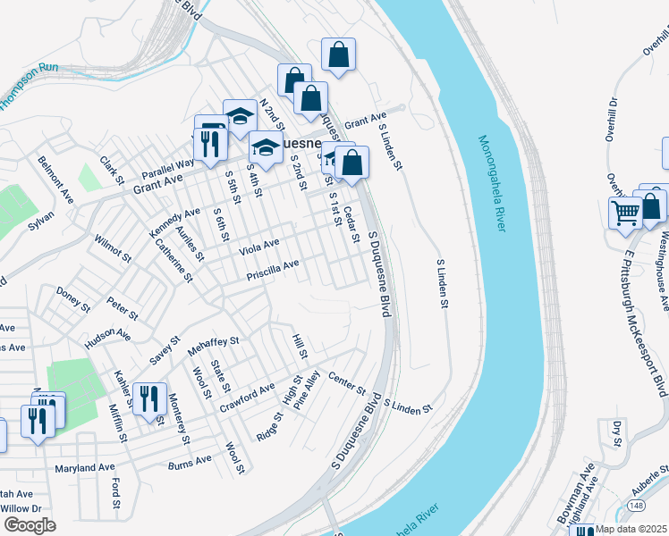 map of restaurants, bars, coffee shops, grocery stores, and more near 428 South 2nd Street in Duquesne