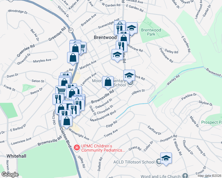 map of restaurants, bars, coffee shops, grocery stores, and more near 3907 Brownsville Road in Pittsburgh