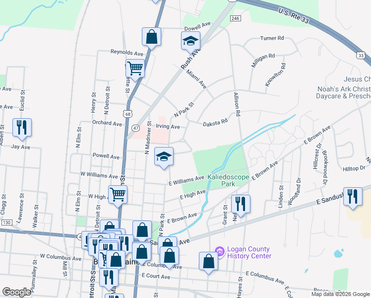 map of restaurants, bars, coffee shops, grocery stores, and more near 320 Seminole Road in Bellefontaine