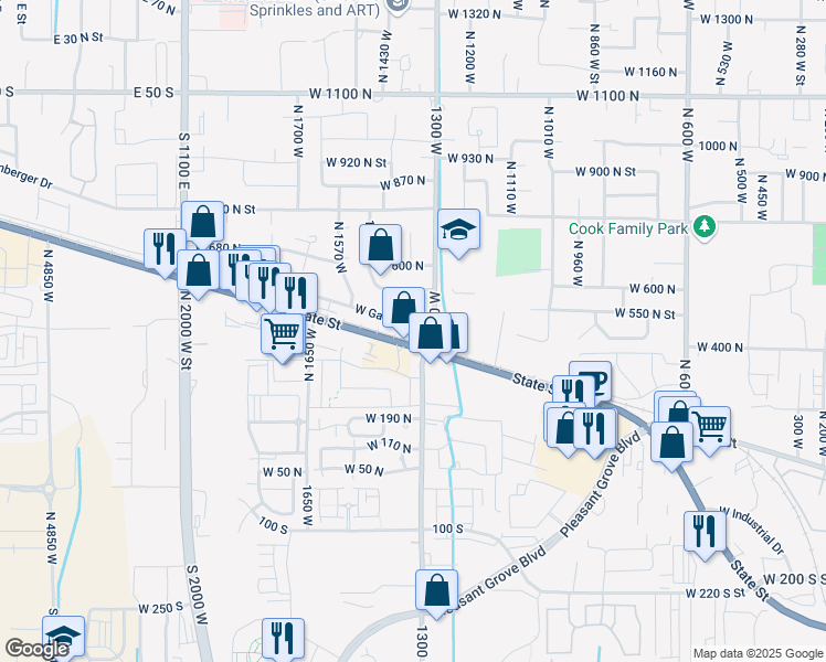 map of restaurants, bars, coffee shops, grocery stores, and more near in Pleasant Grove