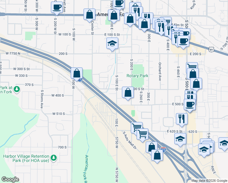 map of restaurants, bars, coffee shops, grocery stores, and more near 443 South 100 East Street in American Fork